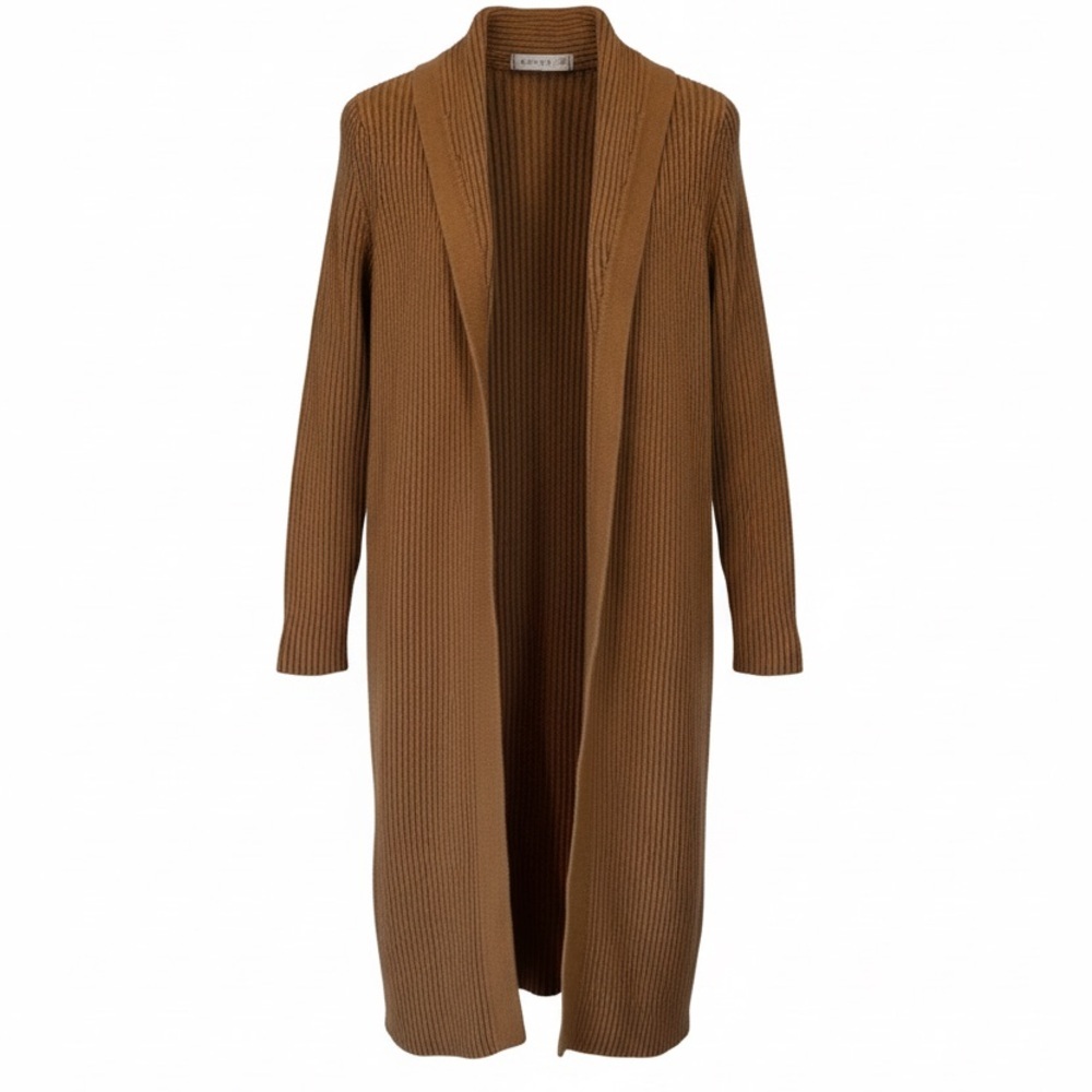 Pursuits Heavy Ribbed Knit Cotton Open Front Duster Sweater Cardigan Brown